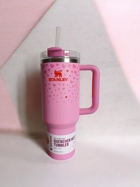Stanley Pink Heart Pattern Travel Tumbler with Handle